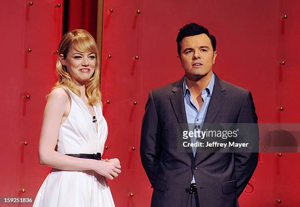 Emma Stone and Seth MacFarlane onstage at The 85th Academy Awards Nominations Announcement held at AMPAS Samuel Goldwyn Theater on January 10, 2013...