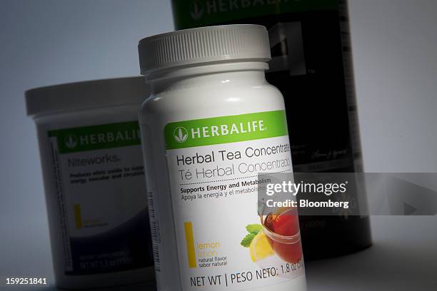 Herbalife Ltd. Products are arranged for a photograph in New York, U.S., on Thursday, Jan. 10, 2013. Timothy Ramey, an analyst at D.A. Davidson &...