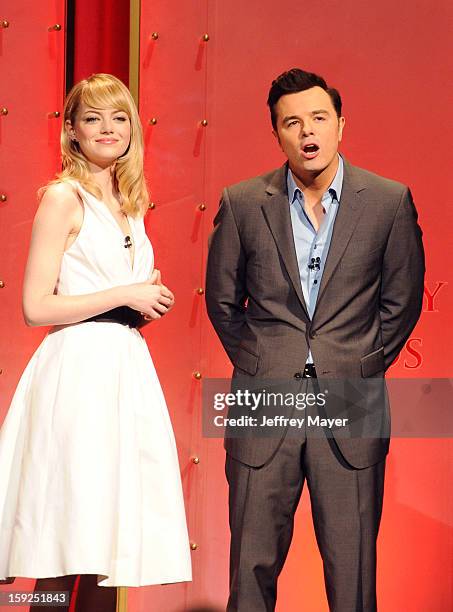 Emma Stone and Seth MacFarlane onstage at The 85th Academy Awards Nominations Announcement held at AMPAS Samuel Goldwyn Theater on January 10, 2013...