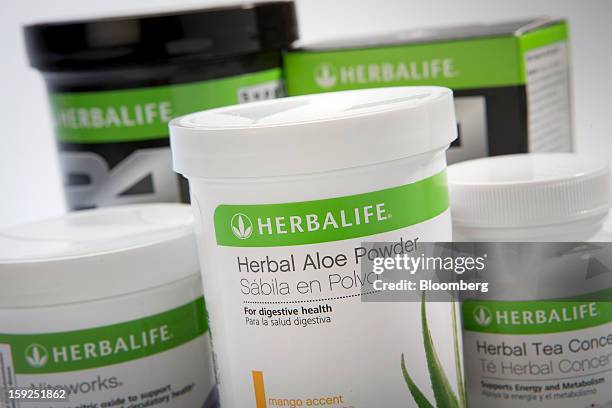 Herbalife Ltd. Products are arranged for a photograph in New York, U.S., on Thursday, Jan. 10, 2013. Timothy Ramey, an analyst at D.A. Davidson &...