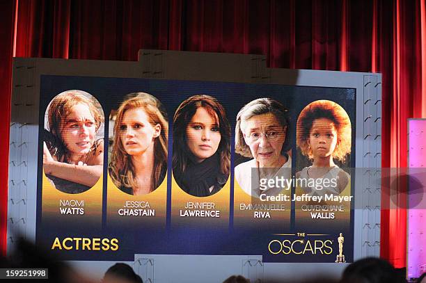 The nominations for Best Actress at The 85th Academy Awards Nominations Announcement held at AMPAS Samuel Goldwyn Theater on January 10, 2013 in...