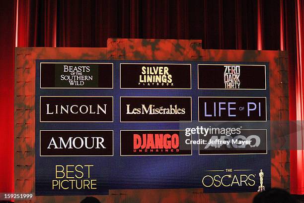 The nominations for Best Picture at The 85th Academy Awards Nominations Announcement held at AMPAS Samuel Goldwyn Theater on January 10, 2013 in...