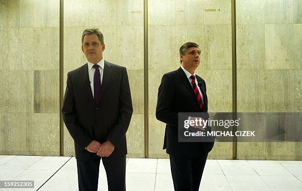 Presidential candidates Jiri Dienstbier and Jan Fischer are seen before the pre-election's TV debate on January 10, 2013 in Prague. The first Czech...