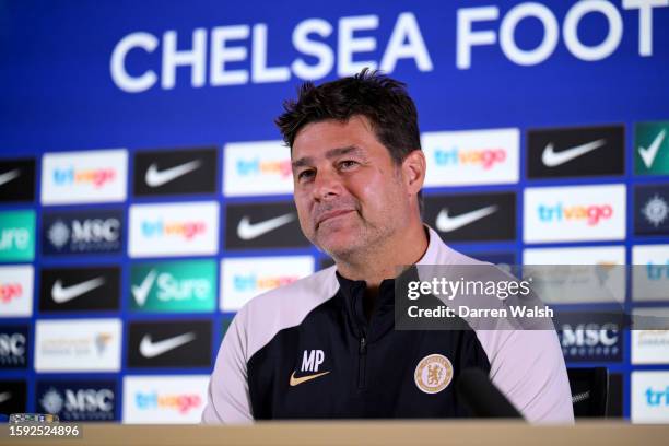 Head Coach Mauricio Pochettino of Chelsea during a press conference at Stamford Bridge on August 11, 2023 in London, England.