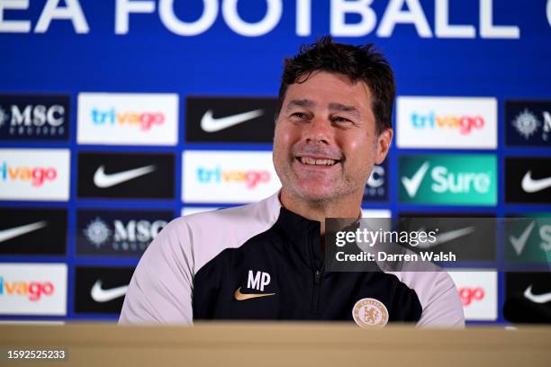 Head Coach Mauricio Pochettino of Chelsea during a press conference at Stamford Bridge on August 11, 2023 in London, England.