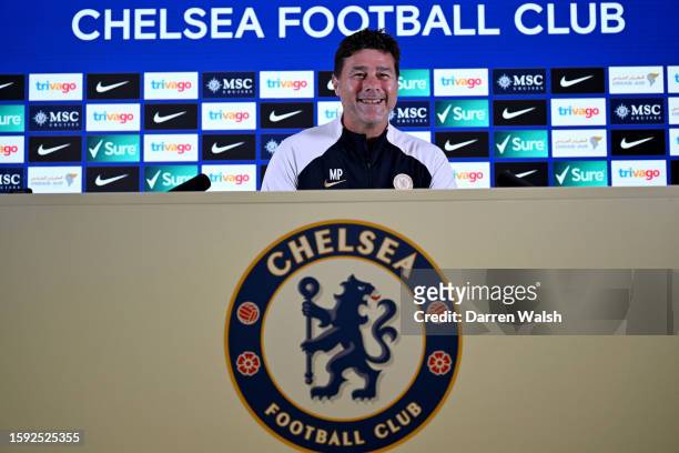 Head Coach Mauricio Pochettino of Chelsea during a press conference at Stamford Bridge on August 11, 2023 in London, England.