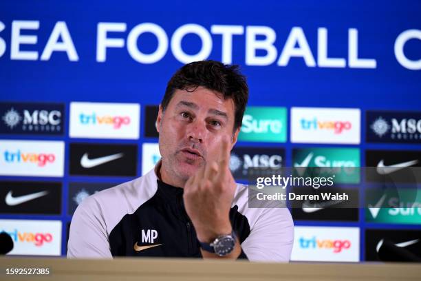 Head Coach Mauricio Pochettino of Chelsea during a press conference at Stamford Bridge on August 11, 2023 in London, England.