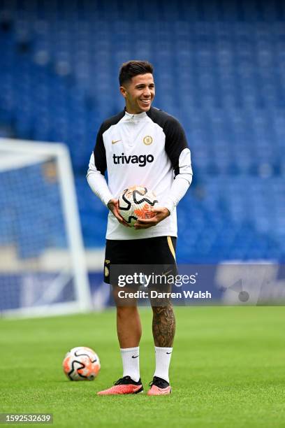 Enzo Fernandez of Chelsea during a training session at Stamford Bridge on August 11, 2023 in London, England.