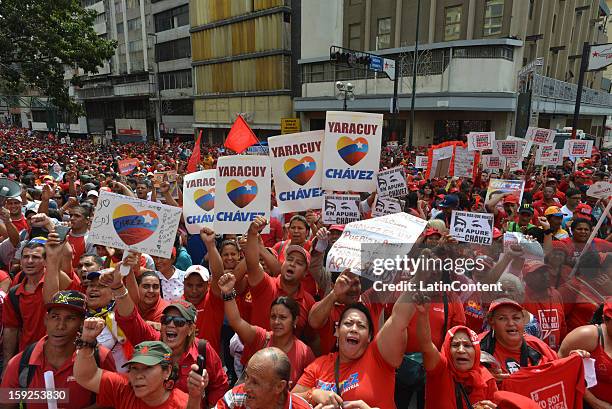 Supporters of Venezuelan President Hugo Chavez gather around Miraflores Presidential Palace on January 10, 2013 in Caracas, Venzuela. Chavez is now...