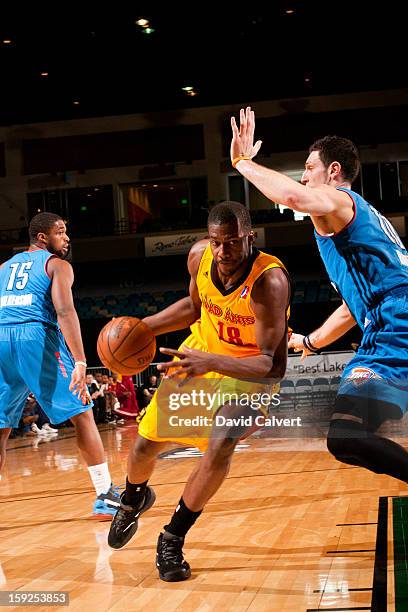 Andy Rautins of the Tulsa 66ers guards Tony Mitchell of the Fort Wayne Mad Ants during the 2013 NBA D-League Showcase on January 10, 2013 at the Reno...