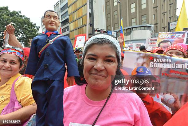 Supporter of Venezuelan President Hugo Chavez shows a toy of Chavez on January 10, 2013 in Caracas, Venzuela. Chavez is now hospitalized in Cuba due...