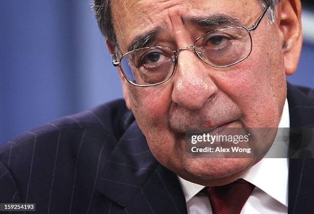 Defense Secretary Leon Panetta participates in a news briefing at the Pentagon January 10, 2013 in Arlington, Virginia. Panetta announced that the...