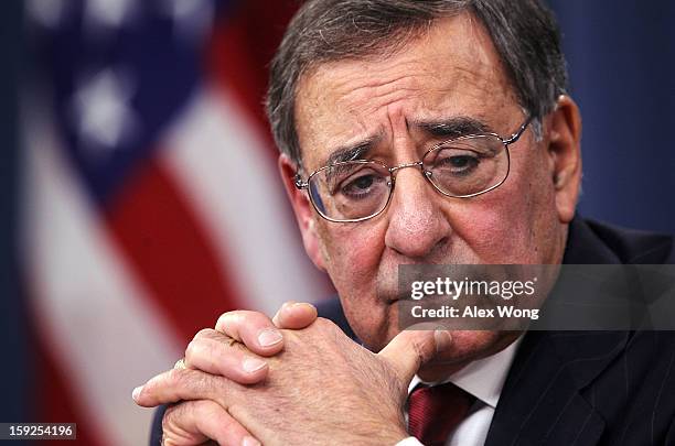 Defense Secretary Leon Panetta participates in a news briefing at the Pentagon January 10, 2013 in Arlington, Virginia. Panetta announced that the...