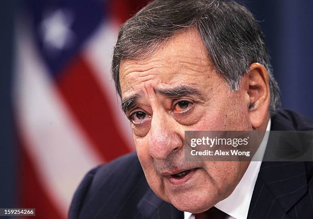 Defense Secretary Leon Panetta participates in a news briefing at the Pentagon January 10, 2013 in Arlington, Virginia. Panetta announced that the...