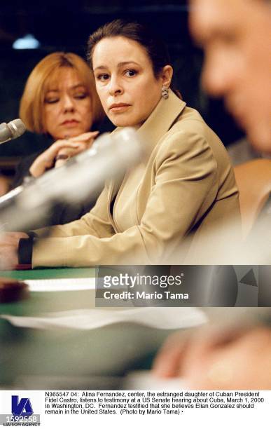 Alina Fernandez, center, the estranged daughter of Cuban President Fidel Castro, listens to testimony at a US Senate hearing about Cuba, March 1,...