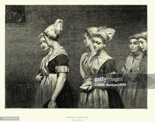 girls going to church on a sunday morning, after george elgar hicks, 1870s 19th century art - headscarf stock illustrations