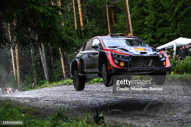 Thierry Neuville of Belgium and Martijn Wydaeghe of Belgium compete in the Hyundai Shell Mobis WRT Hyundai i20 N Rally1 Hybrid during Day Two of the...