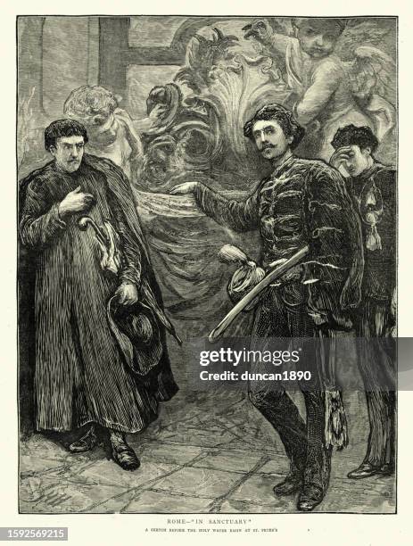 stockillustraties, clipart, cartoons en iconen met soldiers and priest, rome, in sanctuary, before the holy water basin at st peter's, victorian, 1870s, 19th century - st peter's basilica the vatican