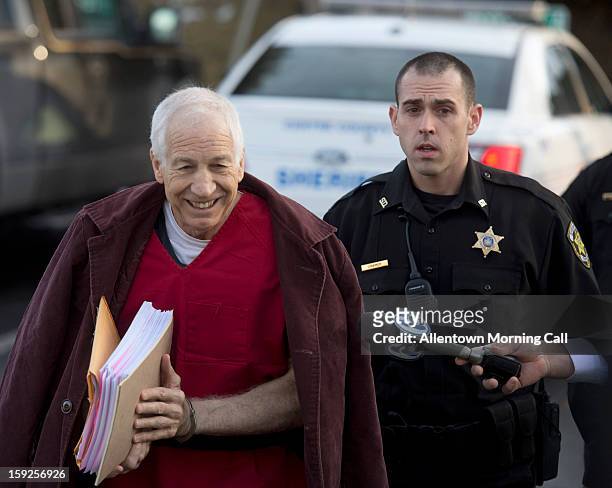 Jerry Sandusky arrives for his hearing at the Centre County Courthouse in Bellefonte, Pennsylvania, on Thursday, January 10, 2013.
