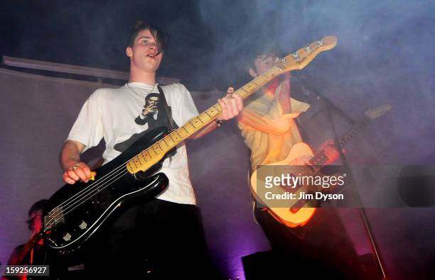 Sam Fryer and Chilli Jesson of Palma Violets perform live on stage at Tufnell Park Boston Arms on January 10, 2013 in London, England.