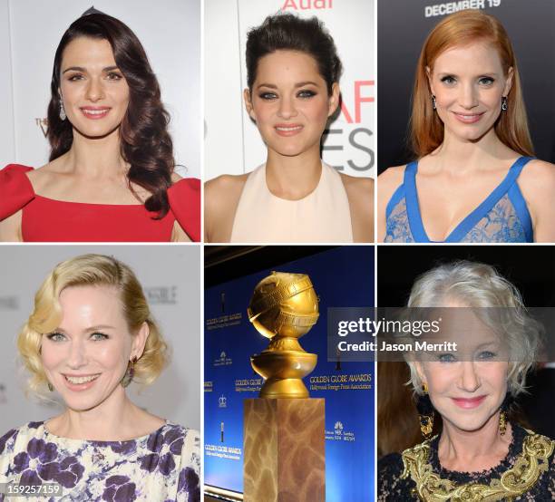 In this composite image a comparison has been made between the 2013 Golden Globe Award nominees for Best Performance by an Actress in a Motion...