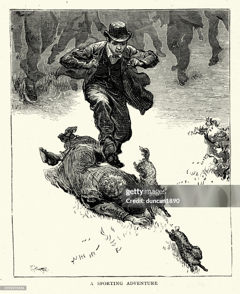 Two Men And Their Dog Chasing A Rabbit A Sporting Adventure 1870s 19th ...