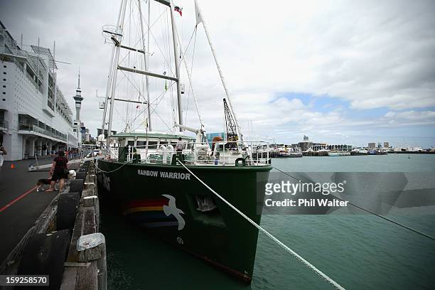 The Greenpeace vessel, Rainbow Warrior berths on Princess Wharf at Auckland Harbour on January 11, 2013 in Auckland, New Zealand. The vessel will...