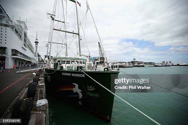 The Greenpeace vessel, Rainbow Warrior berths on Princess Wharf at Auckland Harbour on January 11, 2013 in Auckland, New Zealand. The vessel will...