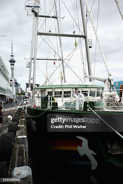 The Greenpeace vessel, Rainbow Warrior berths on Princess Wharf at Auckland Harbour on January 11, 2013 in Auckland, New Zealand. The vessel will...