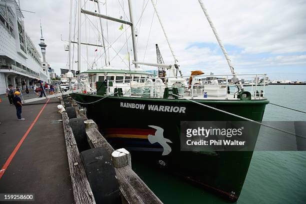 The Greenpeace vessel, Rainbow Warrior berths on Princess Wharf at Auckland Harbour on January 11, 2013 in Auckland, New Zealand. The vessel will...