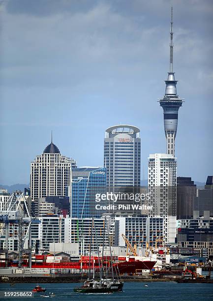 The Greenpeace vessel, Rainbow Warrior sails into Auckland Harbour on January 11, 2013 in Auckland, New Zealand. The vessel will tour New Zealand for...