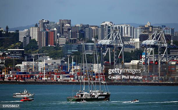 The Greenpeace vessel, Rainbow Warrior sails into Auckland Harbour on January 11, 2013 in Auckland, New Zealand. The vessel will tour New Zealand for...