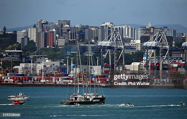 The Greenpeace vessel, Rainbow Warrior sails into Auckland Harbour on January 11, 2013 in Auckland, New Zealand. The vessel will tour New Zealand for...