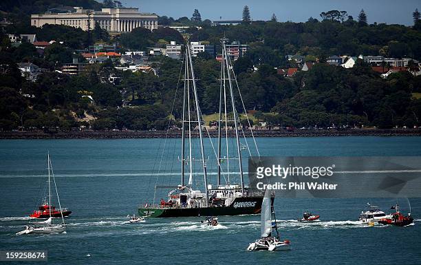 The Greenpeace vessel, Rainbow Warrior sails into Auckland Harbour on January 11, 2013 in Auckland, New Zealand. The vessel will tour New Zealand for...