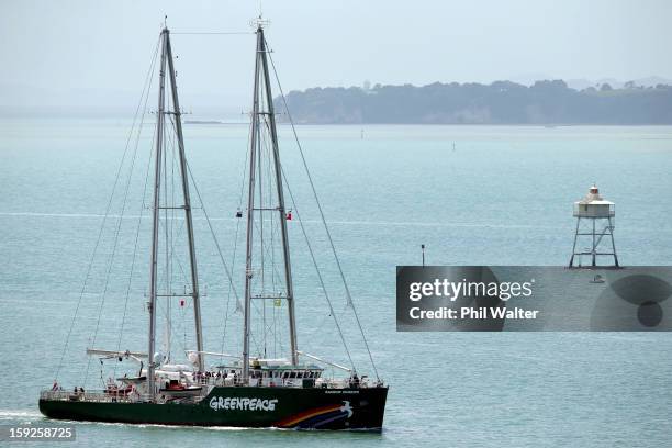 The Greenpeace vessel, Rainbow Warrior sails into Auckland Harbour on January 11, 2013 in Auckland, New Zealand. The vessel will tour New Zealand for...