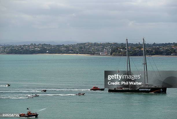 The Greenpeace vessel, Rainbow Warrior sails into Auckland Harbour on January 11, 2013 in Auckland, New Zealand. The vessel will tour New Zealand for...