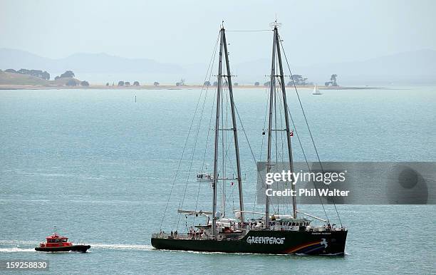 The Greenpeace vessel, Rainbow Warrior sails into Auckland Harbour on January 11, 2013 in Auckland, New Zealand. The vessel will tour New Zealand for...