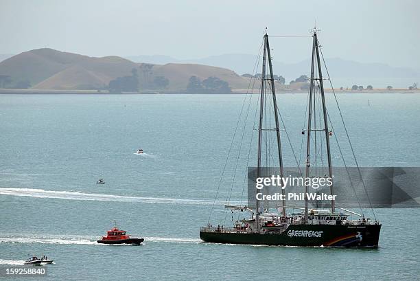 The Greenpeace vessel, Rainbow Warrior sails into Auckland Harbour on January 11, 2013 in Auckland, New Zealand. The vessel will tour New Zealand for...