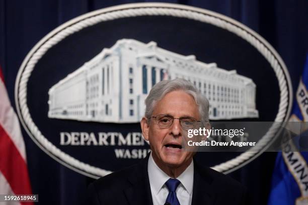 Attorney General Merrick Garland delvers a statement at the U.S. Department of Justice August 11, 2023 in Washington, DC. Garland announced that U.S....