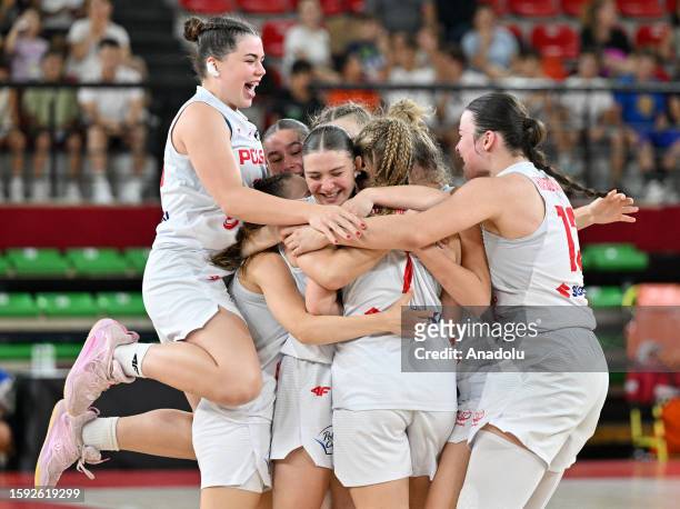 Players of Poland celebrate during the FIBA U16 Women's European Championship match between Poland and Croatia at Karsiyaka Arena in Izmir, Turkiye...