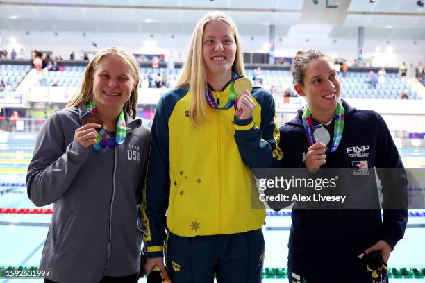 Bronze medalist Olivia Chambers of the United States, gold medalist Katja Dedekind of Australia and silver medalist Carlotta Gilli of Italy pose for...