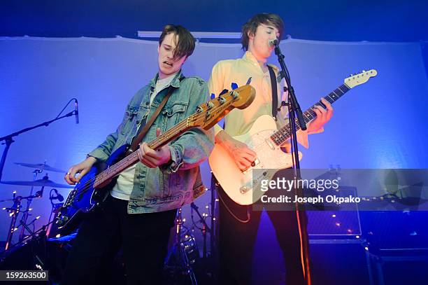 Chilli Jesson and Sam Fryer of Palma Violets perform at London Boston Arms on January 10, 2013 in London, England.