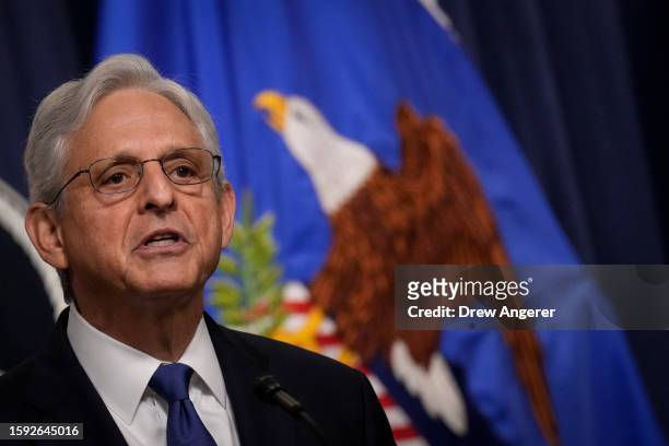 Attorney General Merrick Garland delivers a statement at the U.S. Department of Justice August 11, 2023 in Washington, DC. Garland announced that...