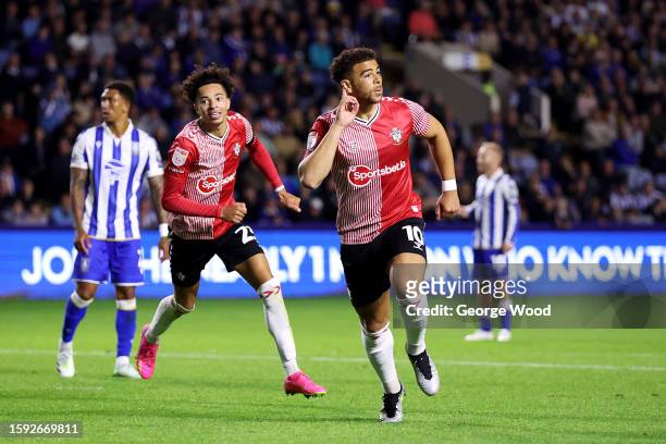 Che Adams of Southampton celebrates after scoring the team's second goal during the Sky Bet Championship match between Sheffield Wednesday and...