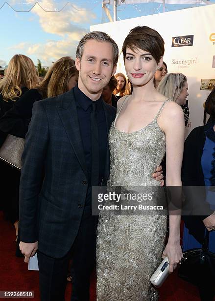 Adam Shulman and actress Anne Hathaway attend the 18th Annual Critics' Choice Movie Awards held at Barker Hangar on January 10, 2013 in Santa Monica,...