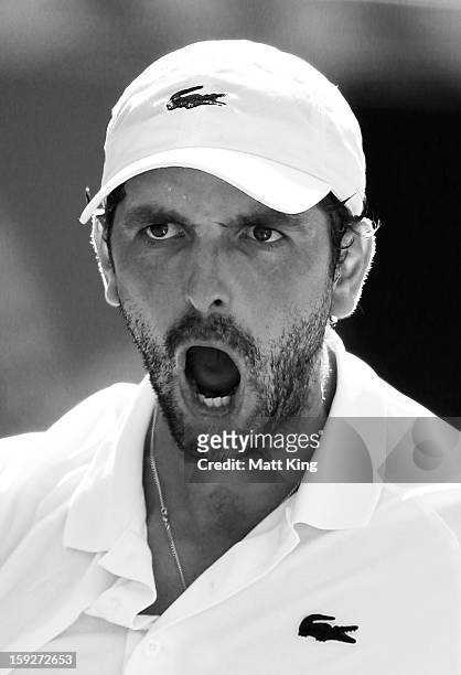 Julien Benneteau of France reacts in his semi final match against Kevin Anderson of South Africa during day six of the Sydney International at Sydney...