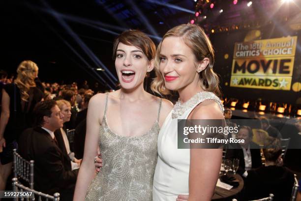 Anne Hathaway and Emily Blunt and attend the Critics' Choice Movie Awards 2013 with Champagne Nicolas Feuillatte at Barkar Hangar on January 10, 2013...