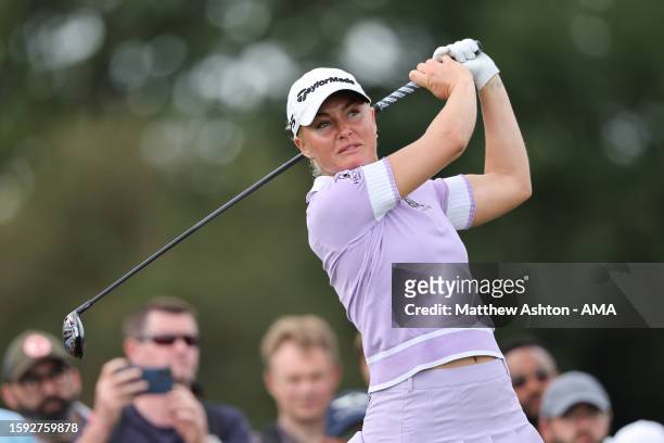 Charley Hull of England tees off on hole 13 on Day Two of the AIG Women's Open at Walton Heath Golf Club on August 11, 2023 in Tadworth, England.