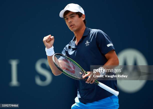 Mackenzie McDonald of the United States reacts after winning a point against Alejandro Davidovich Fokina of Spain during Day Five of the National...