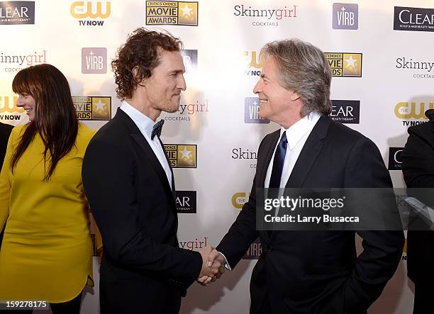 Actors Matthew McConaughey and Don Johnson attend the 18th Annual Critics' Choice Movie Awards held at Barker Hangar on January 10, 2013 in Santa...